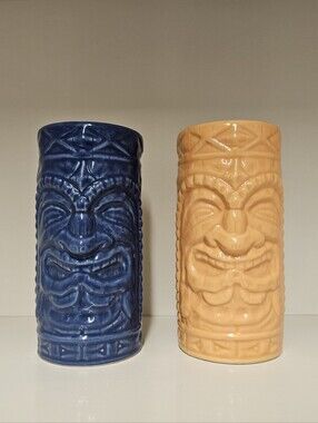 Home Tiki Blue and Peach Ceramic Bar Glass/Mug Pair - (Qty 2)